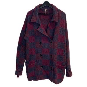 Free People Casual Dark Red & Blue Cozy Knit Wool Winter Buttoned Pea Coat